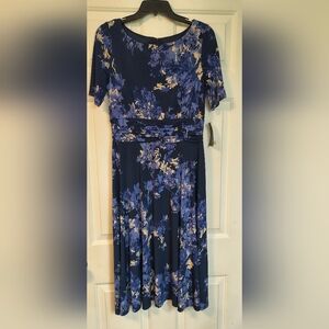 Jessica Howard Navy Blue Cream Floral Flowy Midi Dress Size 8